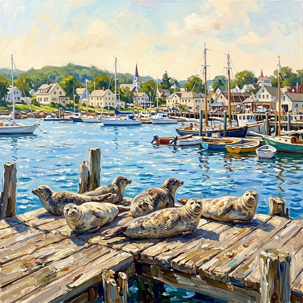 Painted harbour with moored boats and seals on the dock